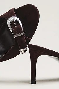 Black Suede Studio Elena Buckle Mule Heels