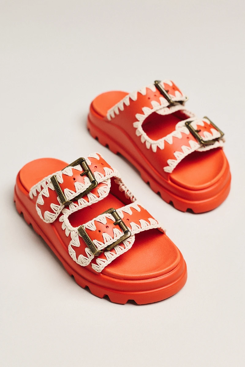 MOU Whipstitch Buckle Slide Sandals