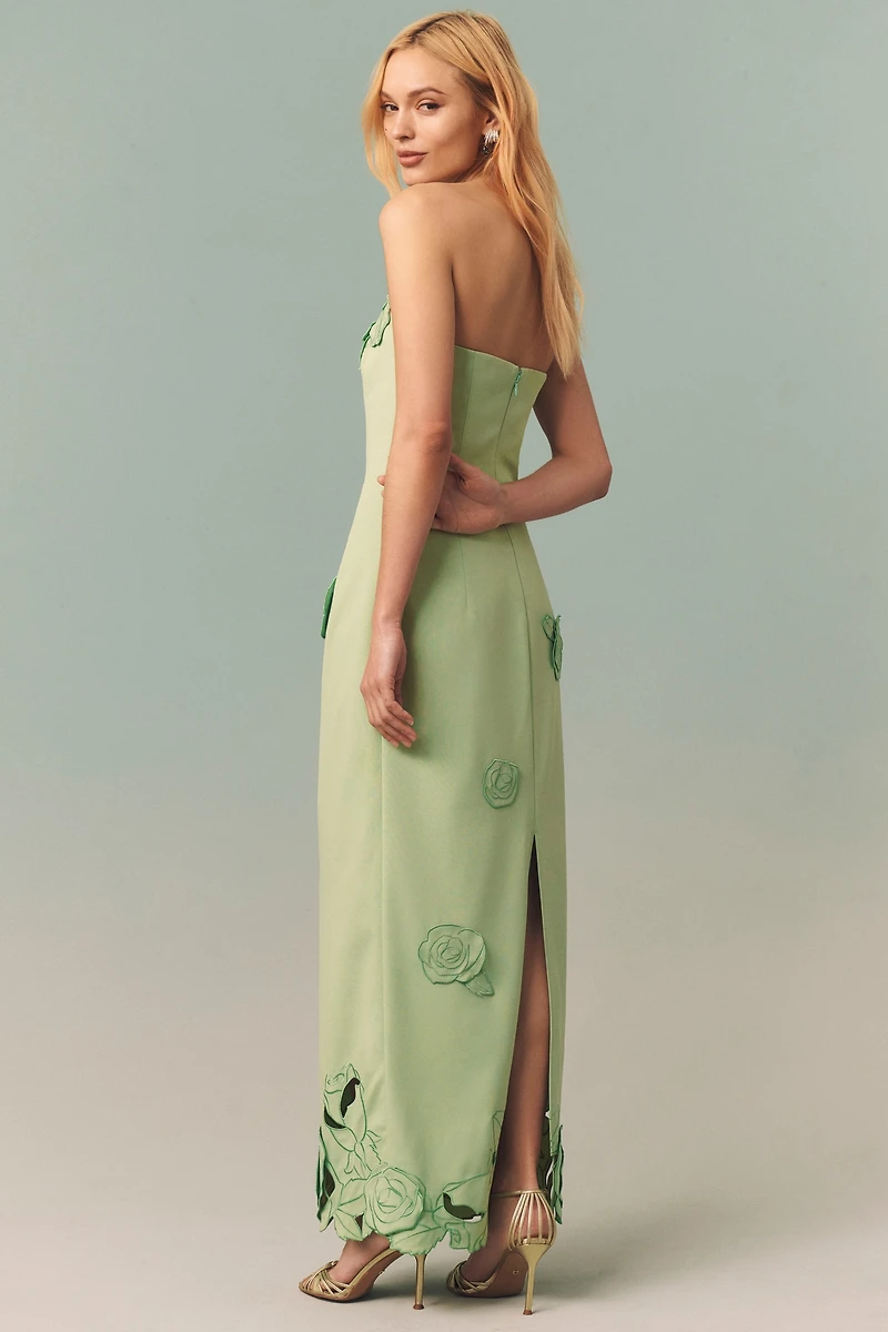 LEO LIN Rayna Floral Appliqué Crepe Maxi Dress