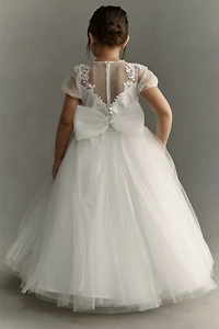 Princess Daliana Sheer Puff-Sleeve Flower Girl Maxi Dress