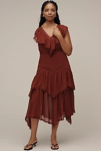 Short-Sleeve V-Neck Ruffle Midi Dress