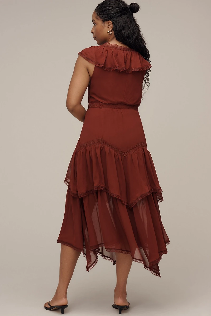 Short-Sleeve V-Neck Ruffle Midi Dress