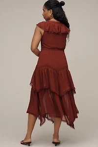 Short-Sleeve V-Neck Ruffle Midi Dress