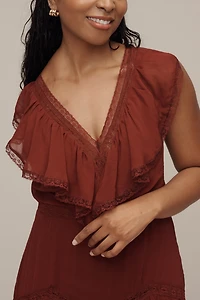 Short-Sleeve V-Neck Ruffle Midi Dress