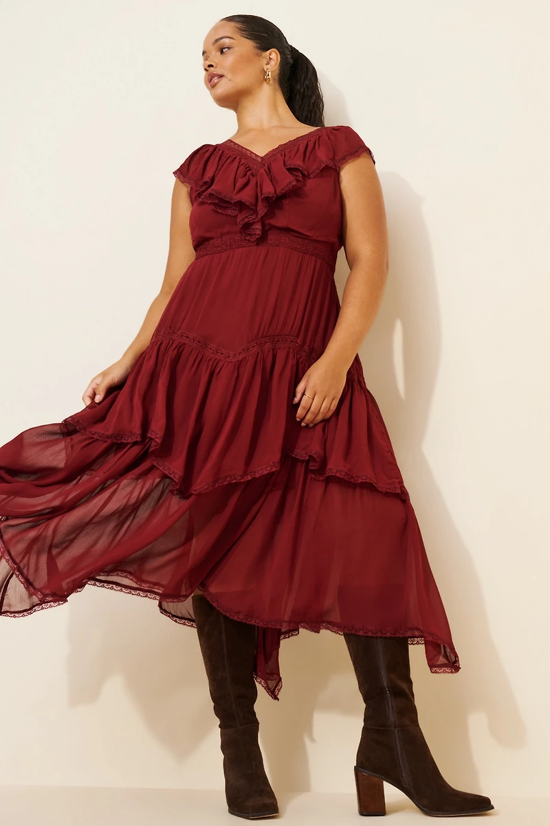 Short-Sleeve V-Neck Ruffle Midi Dress