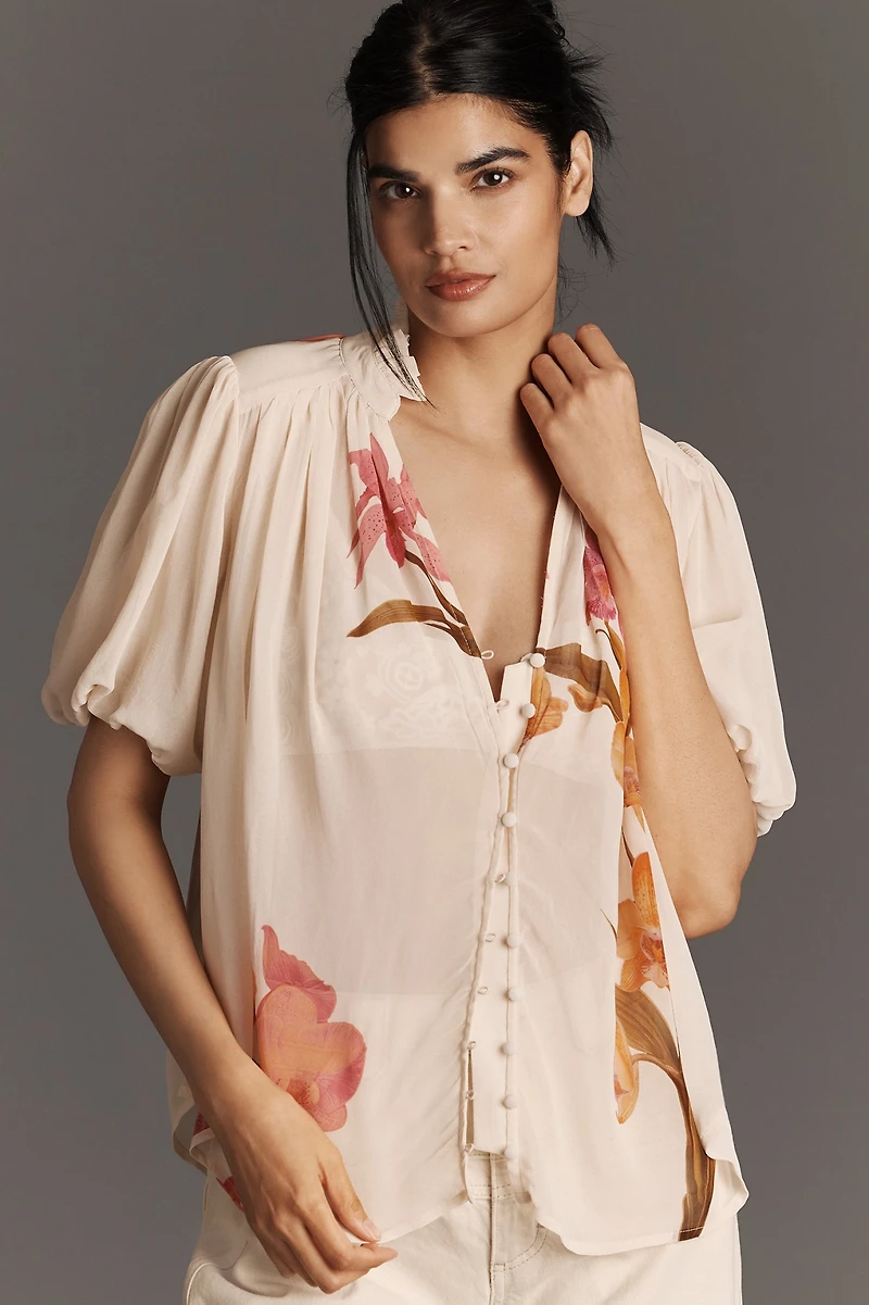 The Estela Sheer Printed Blouse: Short-Sleeve Edition