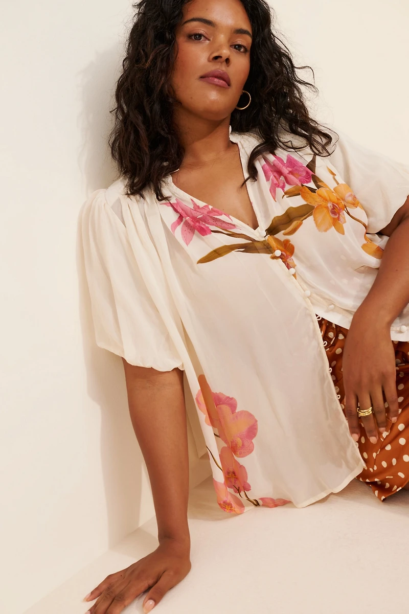 The Estela Sheer Printed Blouse: Short-Sleeve Edition