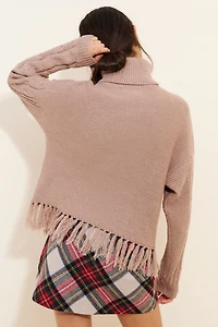 Flat White Fringe Turtleneck Sweater