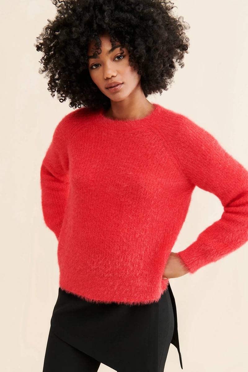 Flat White Fluffy Crew Neck Sweater