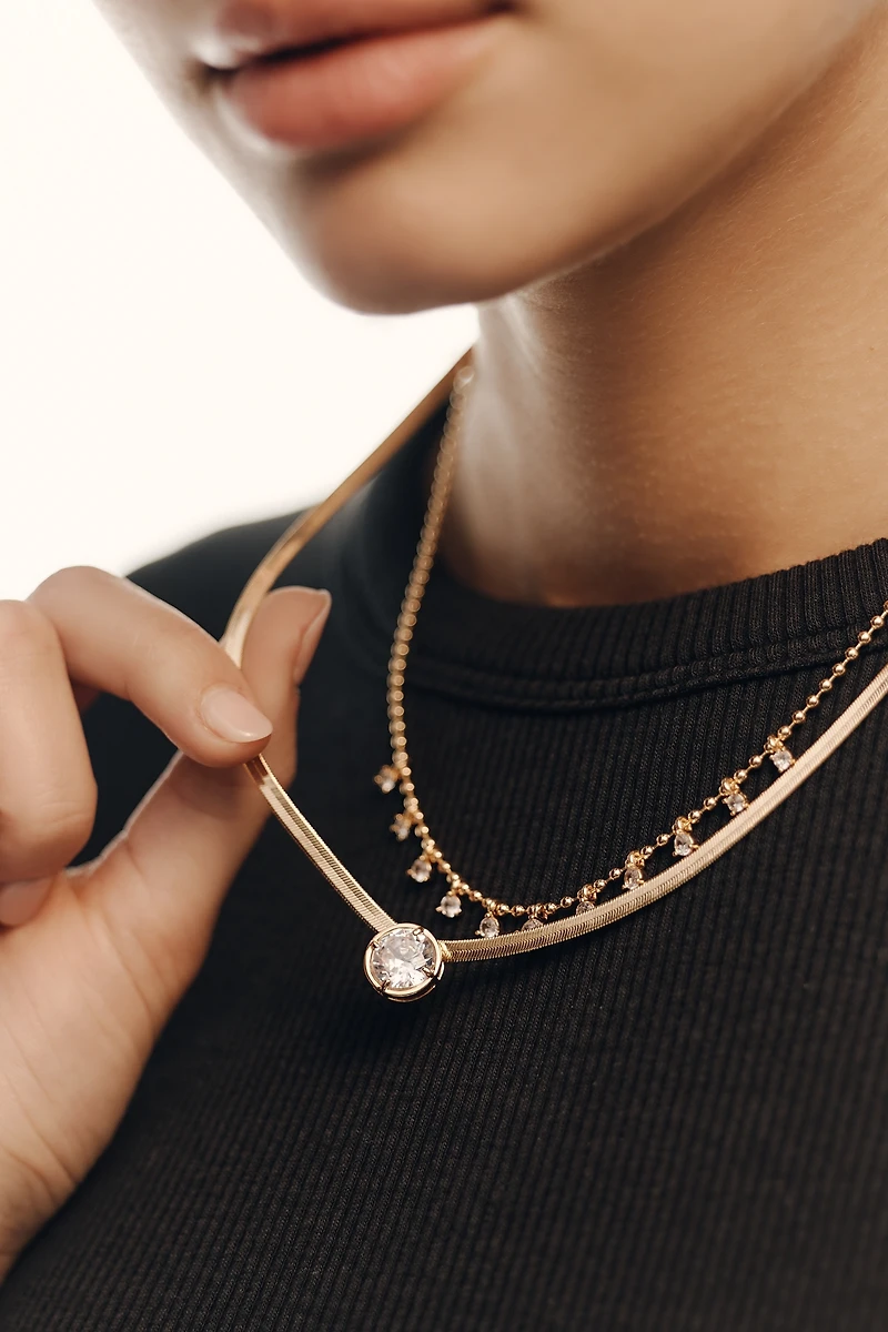 Layered Crystal Herringbone Necklaces, Set of 2