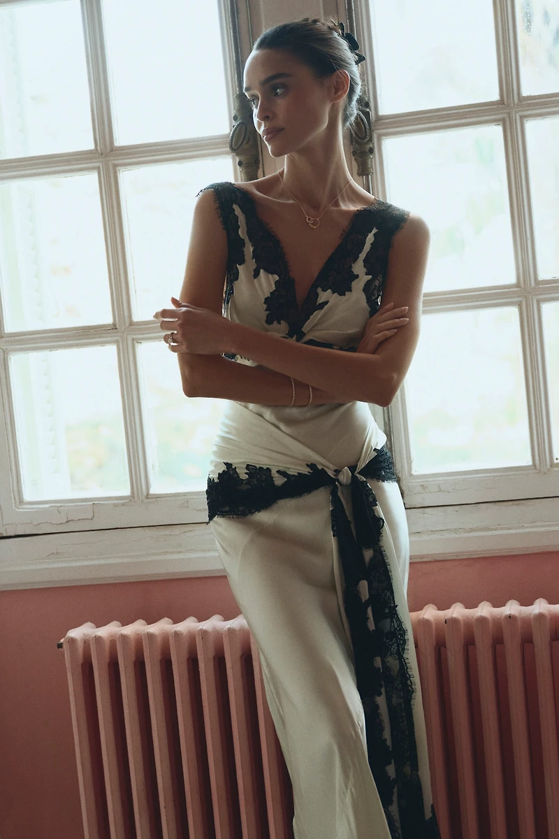 BHLDN Ella Waisted Scarf Lace Satin Slip Dress