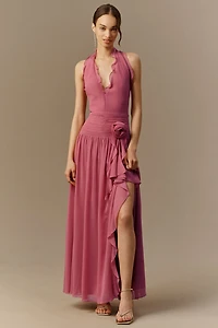 BHLDN Plunge Halter-Neck Chiffon Maxi Dress