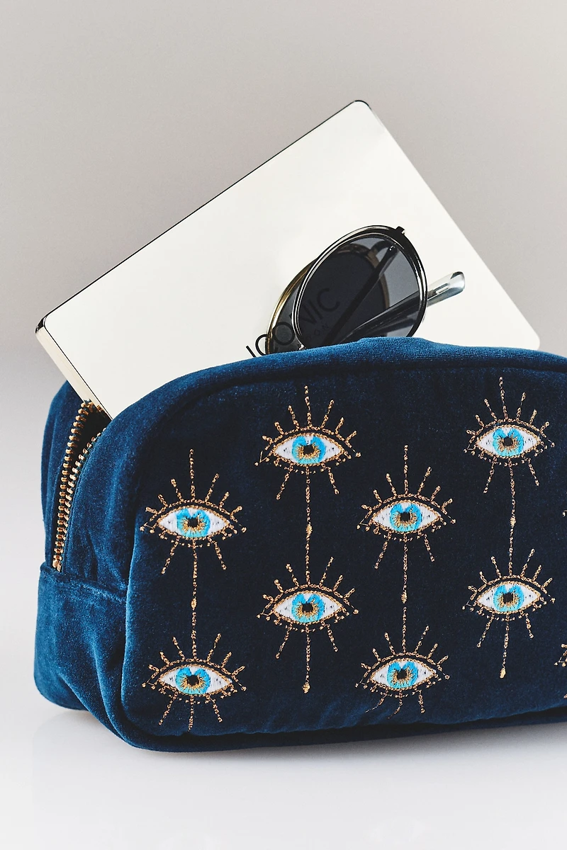 Elizabeth Scarlett Embroidered Mystical Eye Velvet Makeup Bag
