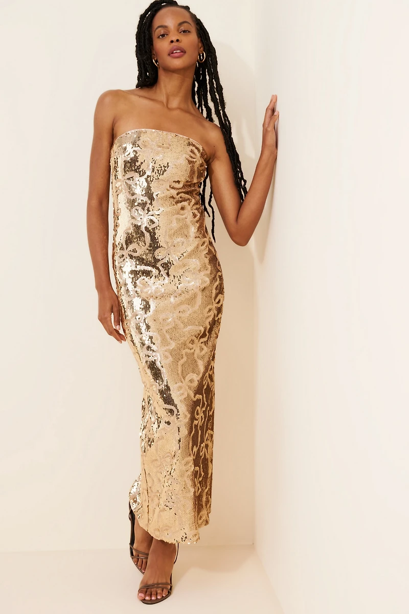 If By Sea Strapless Bow Sequin Maxi Dress