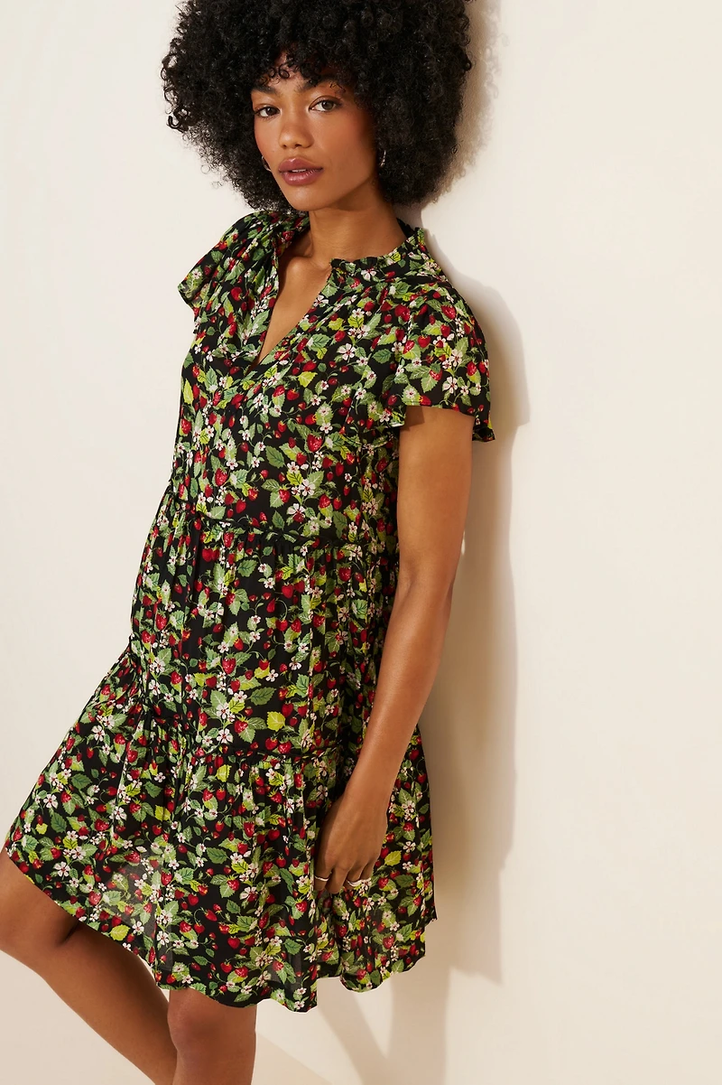 Ruffle-Sleeve V-Neck Mini Dress