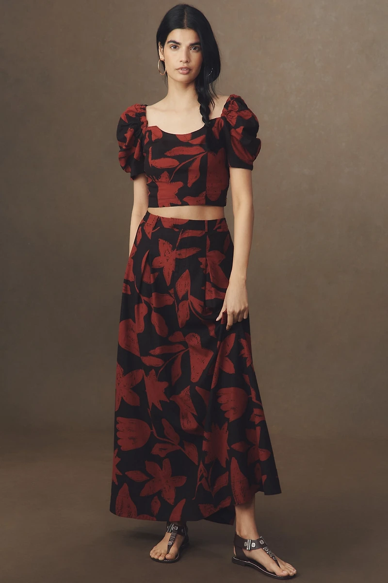 Puff-Sleeve Linen Blend Crop Top