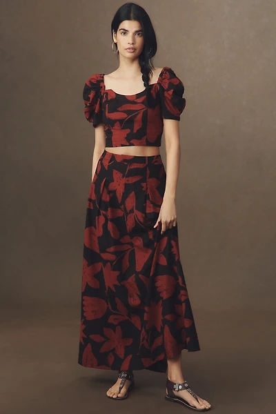 Puff-Sleeve Linen Blend Crop Top