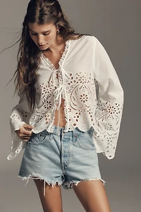 By Anthropologie Eyelet Tie-Front Long-Sleeve Blouse