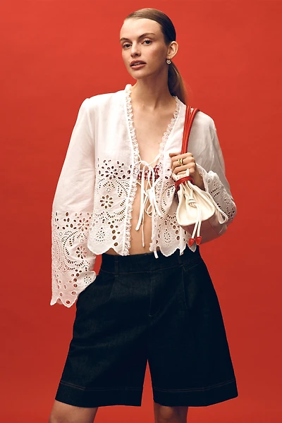 By Anthropologie Eyelet Tie-Front Long-Sleeve Blouse