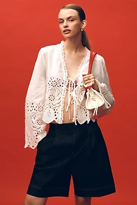 By Anthropologie Eyelet Tie-Front Long-Sleeve Blouse