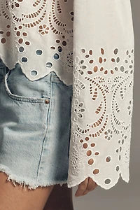 By Anthropologie Eyelet Tie-Front Long-Sleeve Blouse