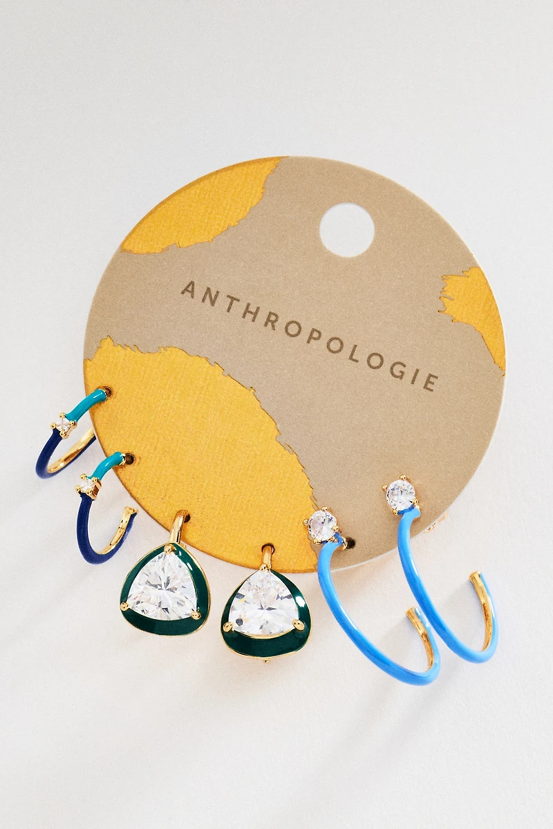 By Anthropologie Enamel Hoop & Crystal Drop Earrings, Set of 3