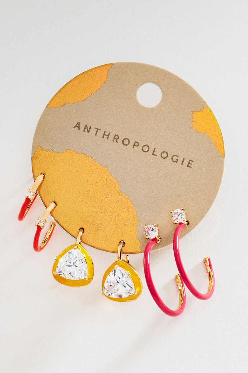 By Anthropologie Enamel Hoop & Crystal Drop Earrings, Set of 3