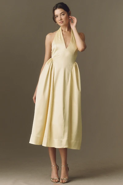 BHLDN Plunge Halter-Neck Satin Maxi Dress