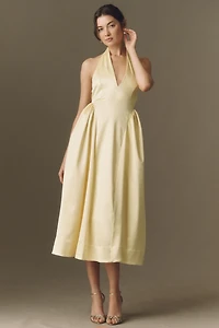 BHLDN Plunge Halter-Neck Satin Maxi Dress