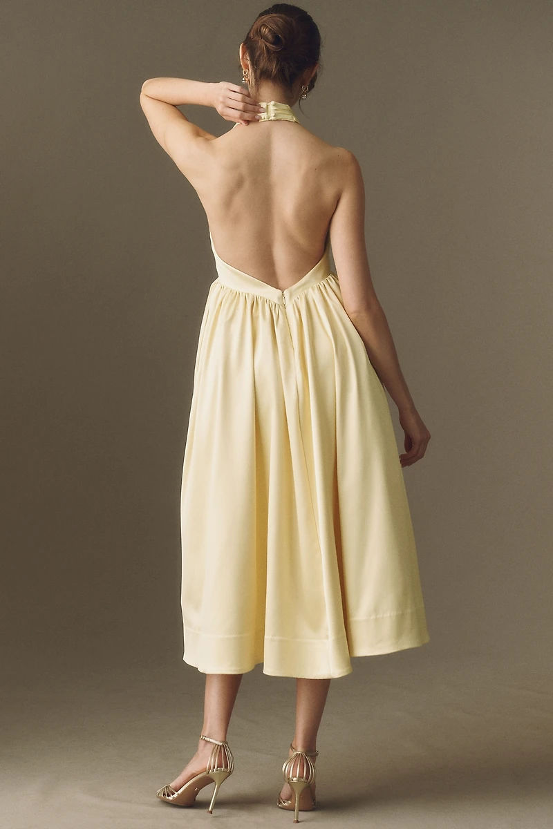 BHLDN Plunge Halter-Neck Satin Maxi Dress