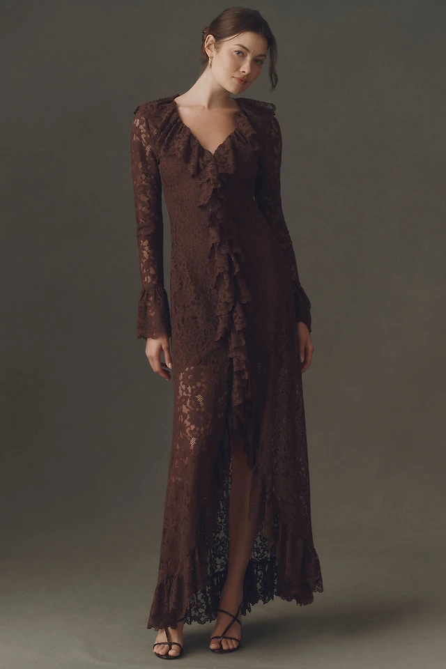 de la vali daira mock-neck ruffle long-sleeve bias-cut maxi dress De La Vali Daira Mock-Neck Ruffle Long-Sleeve Bias-Cut Maxi Dress