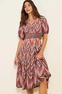 Conditions Apply Printed Puff-Sleeved Midi Dress