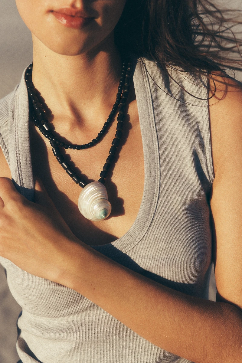 Beaded Large Shell Pendant Necklace