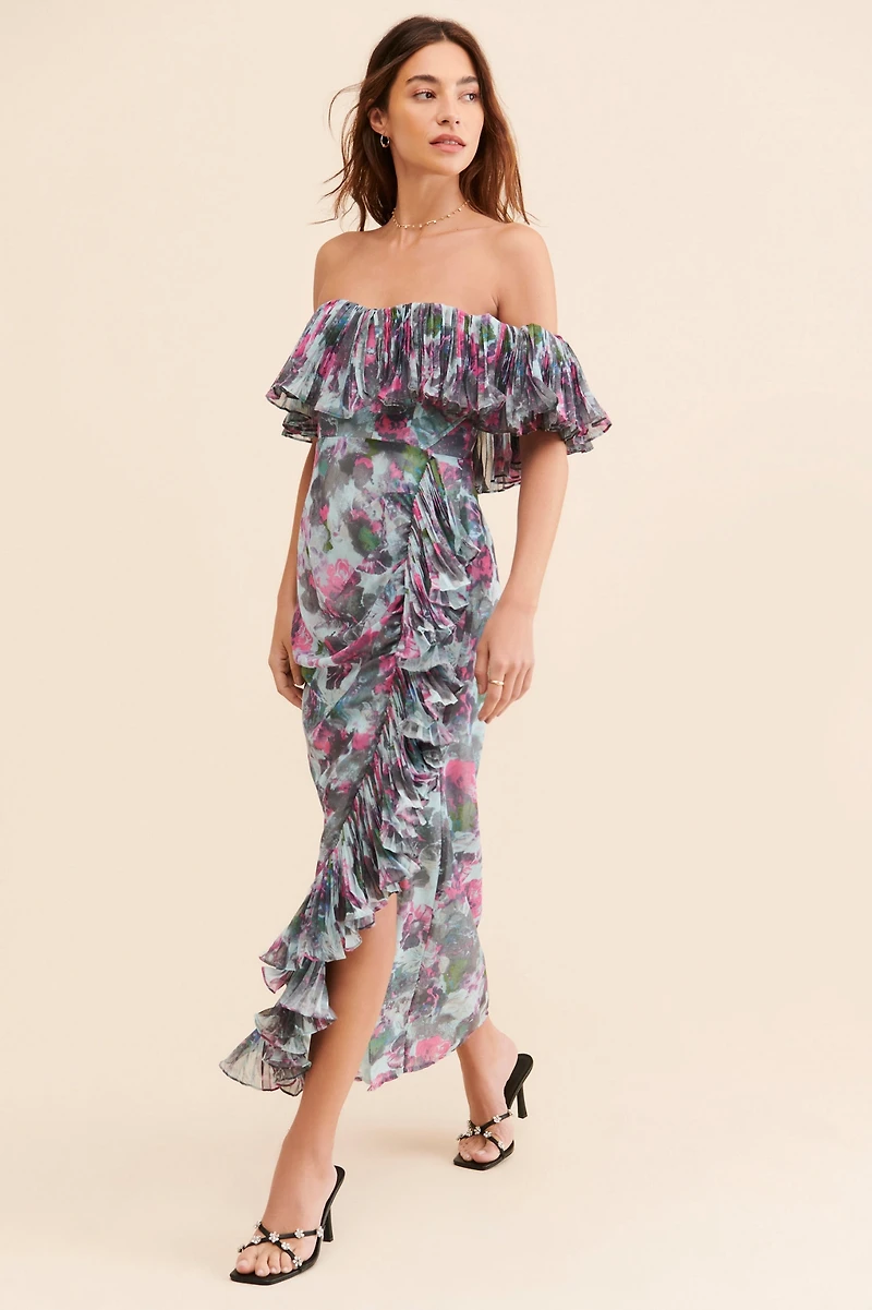 Hutch Off-The-Shoulder Ruffled Column Dress