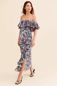 Hutch Off-The-Shoulder Ruffled Column Dress