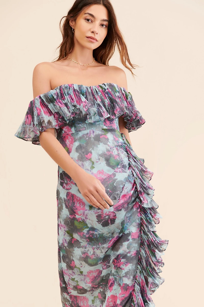 Hutch Off-The-Shoulder Ruffled Column Dress