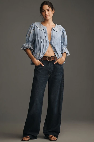 Maeve Short-Sleeve Collared Pleated Blouse