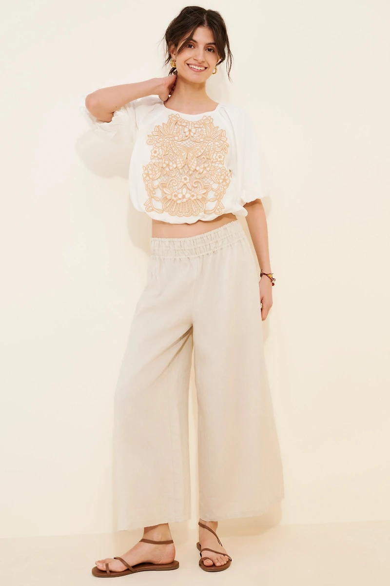 Ciebon Crafty Linen Blend Puff-Sleeve Top