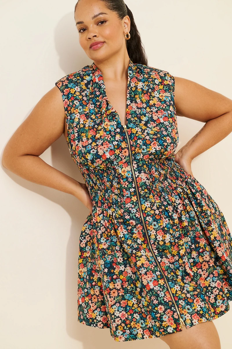 Maeve The Tommie Cap-Sleeve Smocked Front-Zip Shirt Dress: Mini Edition