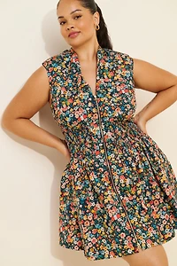 Maeve The Tommie Cap-Sleeve Smocked Front-Zip Shirt Dress: Mini Edition