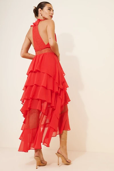 Tiered High-Low V-Neck Dress