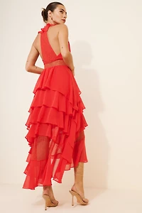 Tiered High-Low V-Neck Dress