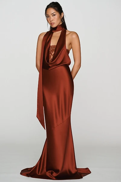 Retrofete Melly Draped Halter Satin Maxi Dress