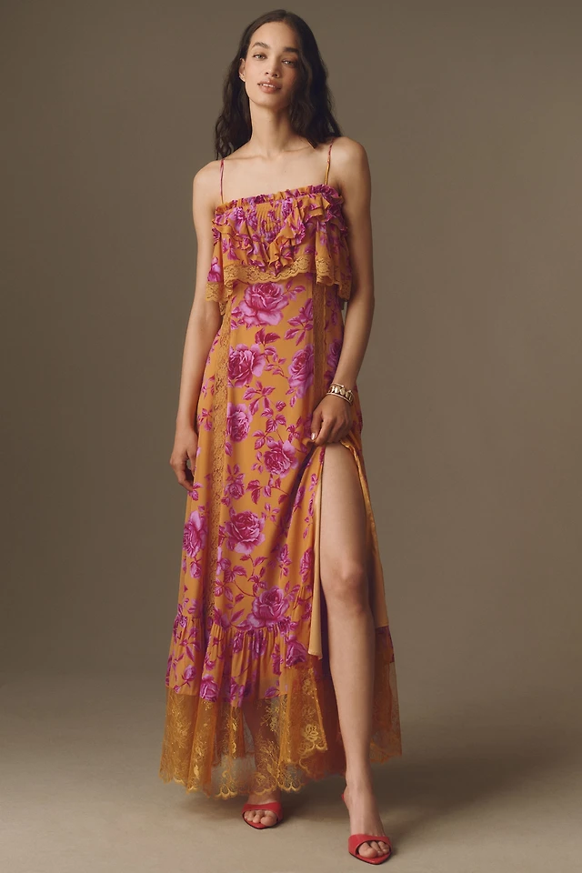 bhldn elora sleeveless v neck ruffle lace maxi dress Elora Sleeveless V-Neck Ruffle Lace Maxi Dress