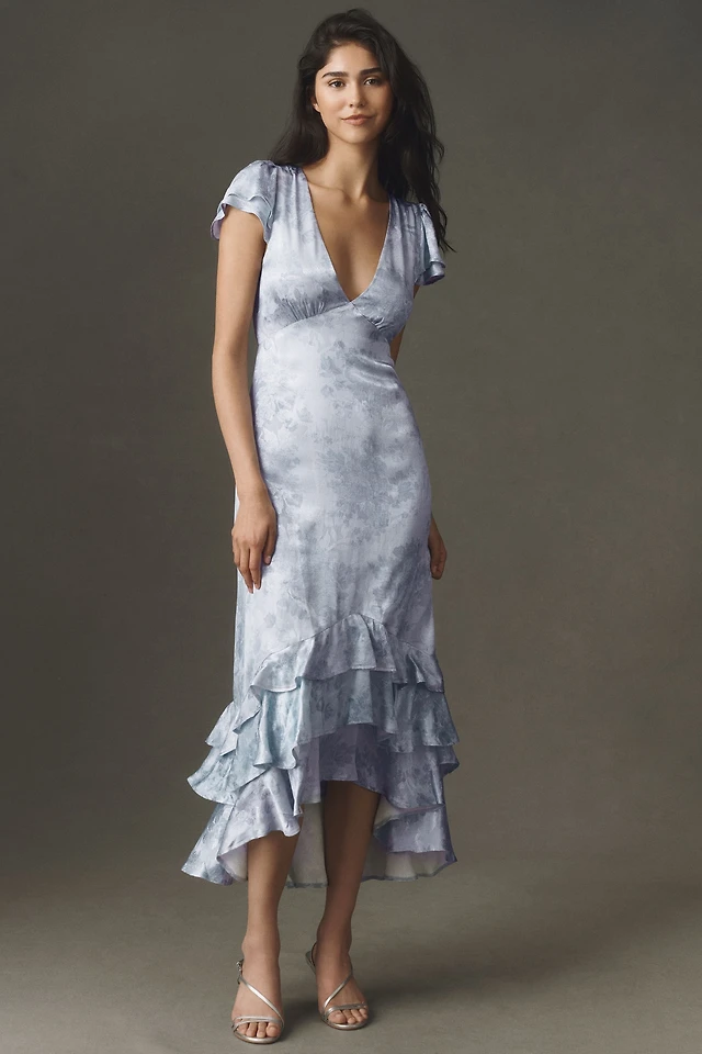 bhldn claudia asymmetric ruffle chiffon midi dress Cowl-Neck Cross-Back Balenciaga Pleated Floral Print Web Collection: Memorial Weekend size:medium (petite) Chiffon fabric Cold shoulder