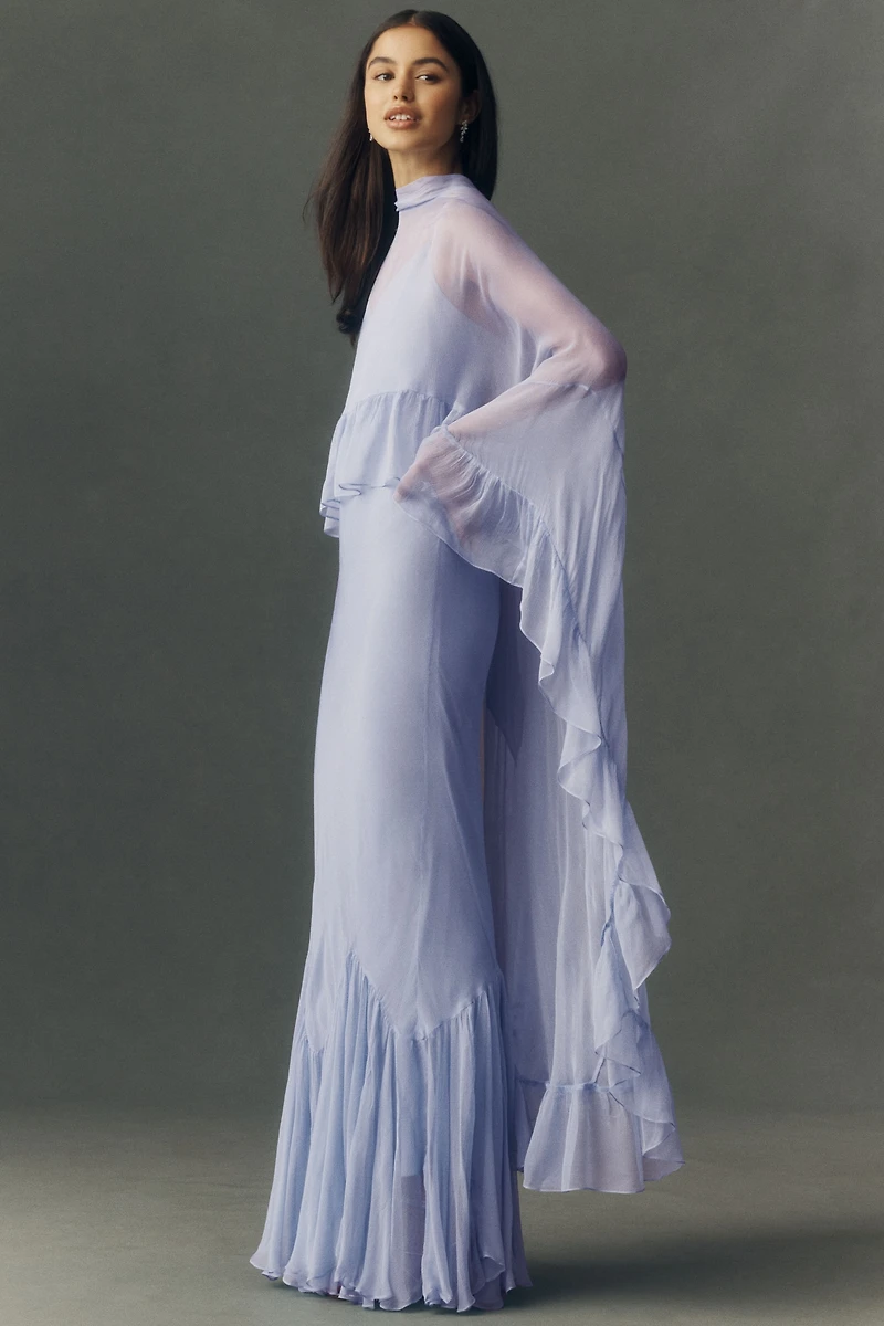 BHLDN Chiffon Slip Maxi Dress With Ruffle Cape