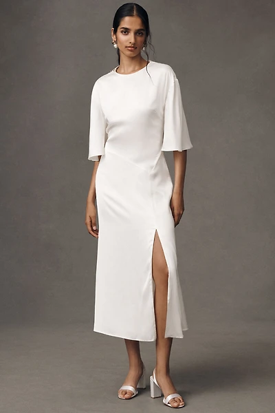 BHLDN Short-Sleeve Crew-Neck Side-Slit Satin Midi Dress