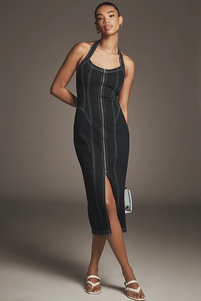 Pilcro Front-Zip Halter Denim Midi Dress