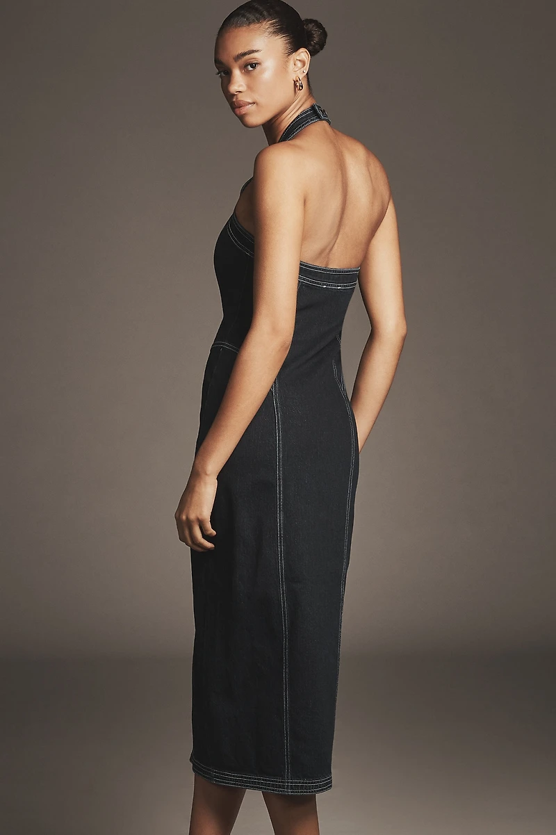 Pilcro Front-Zip Halter Denim Midi Dress