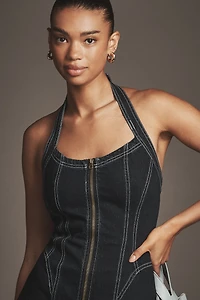 Pilcro Front-Zip Halter Denim Midi Dress